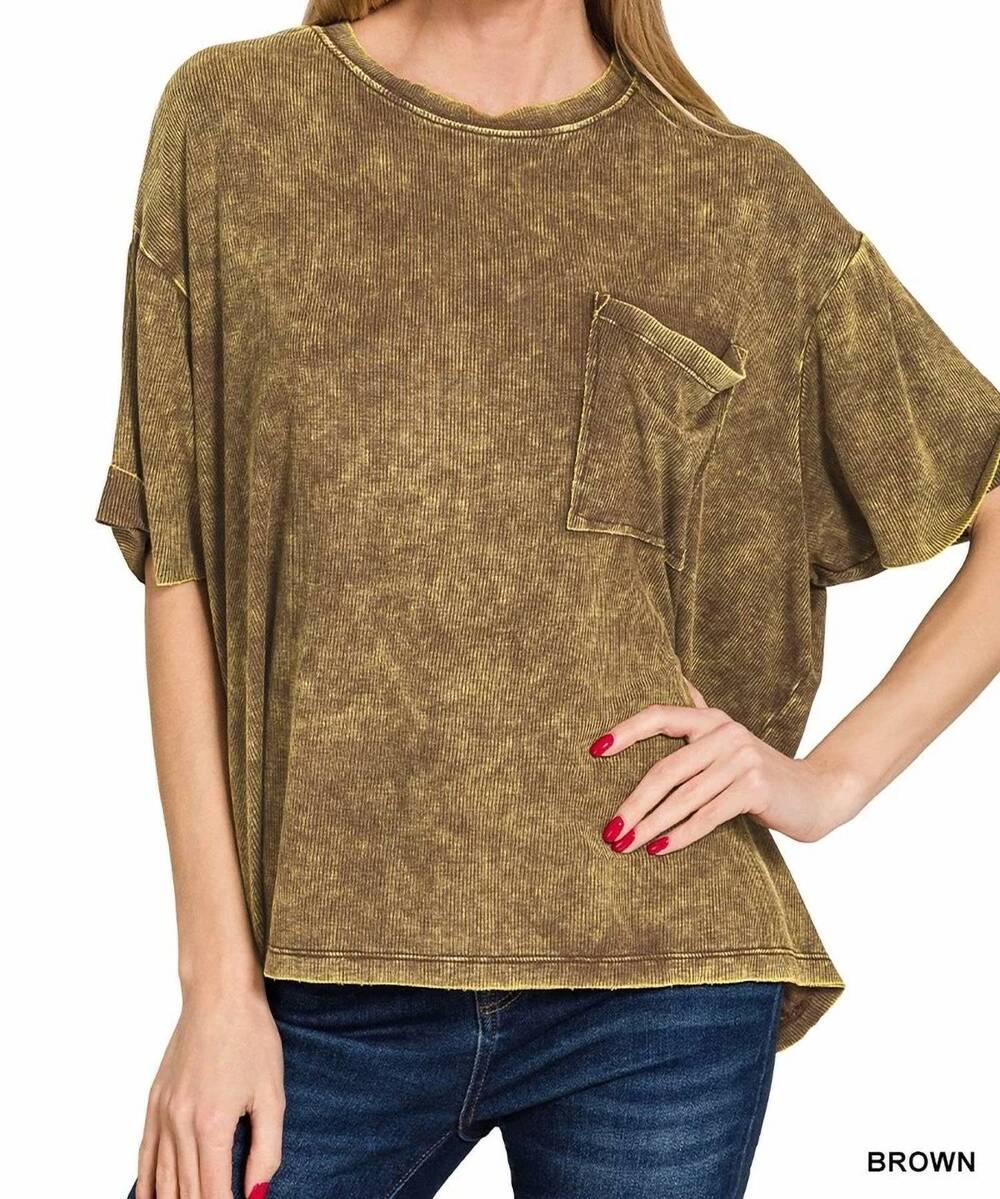 NEW ZENANA oversized acid wash ribbed short sleeve top in brown